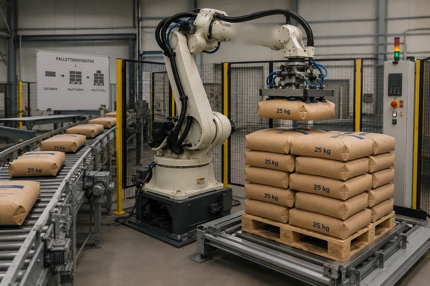 Palettierroboter mit Sauggreifer stapelt 25-kg-Säcke auf eine Holzpalette