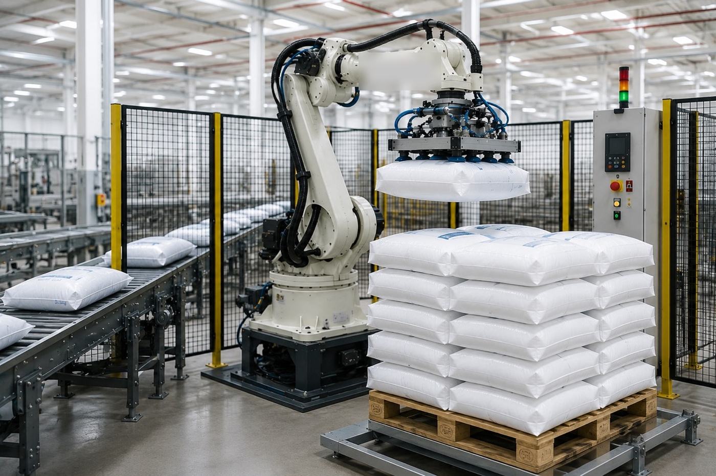 Palettierzelle mit Roboter und Schutzzaun stapelt Sackware in einer Produktionshalle